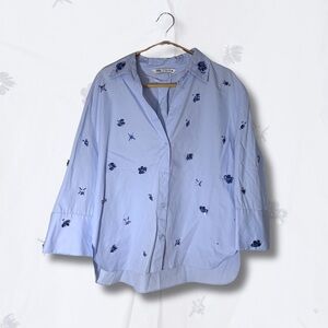 ✨ ZARA Blue Floral Embroidered & Sequin Button-Down Shirt